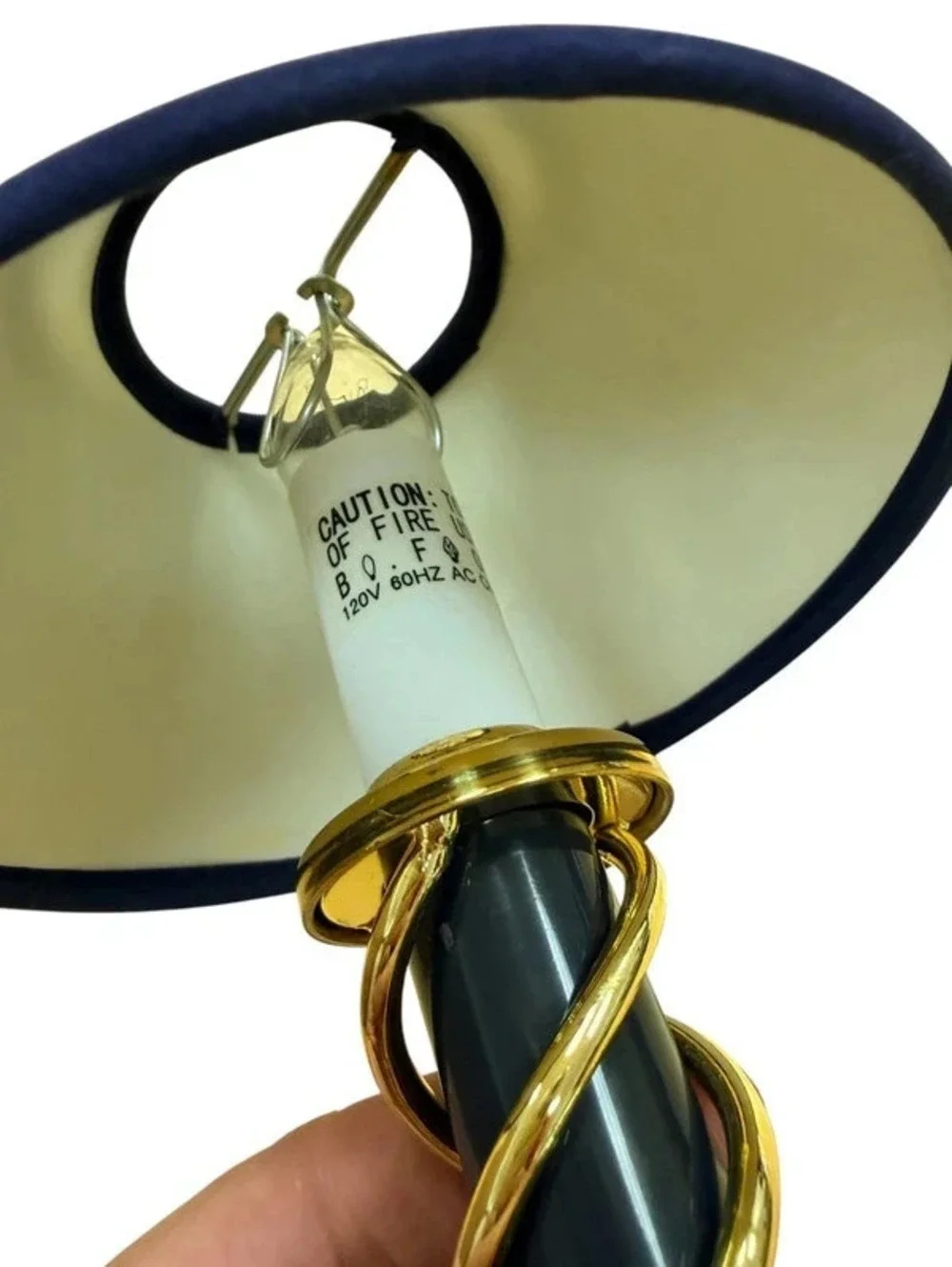 Vintage 1998 Art Deco Table Lamp Navy Blue Gold Spiral Column Fabric Shade